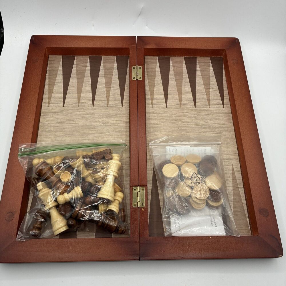 Wooden Folding Chess Backgammon Checker Board Game Set 3-in-1 Classic Strategy